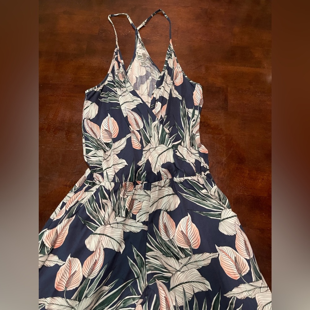 On the Road Navy Blue & Floral Foliage print jumpsuit - Small- adj straps